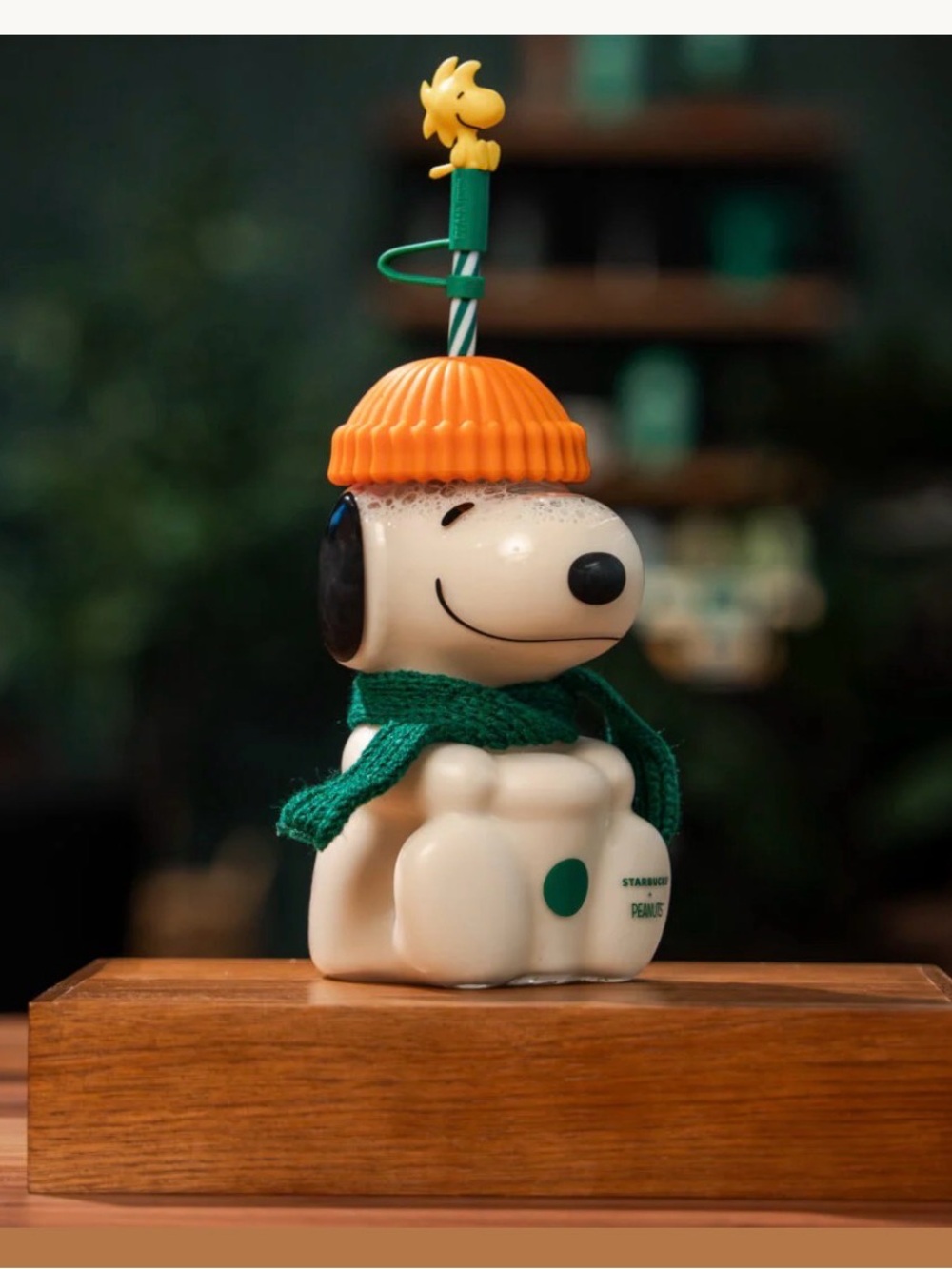 Starbucks Snoopy Figurine glass cup - Orange Hat, Green Scarf